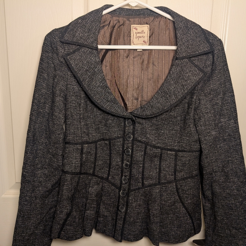 Nanette Lepore Tweed Peplum Wool Blend Blazer Suit Jacket Womens Size 6